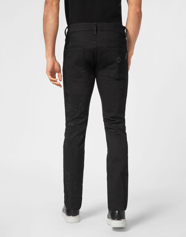 Denim Trousers Super Straight Cut Dragon Strass