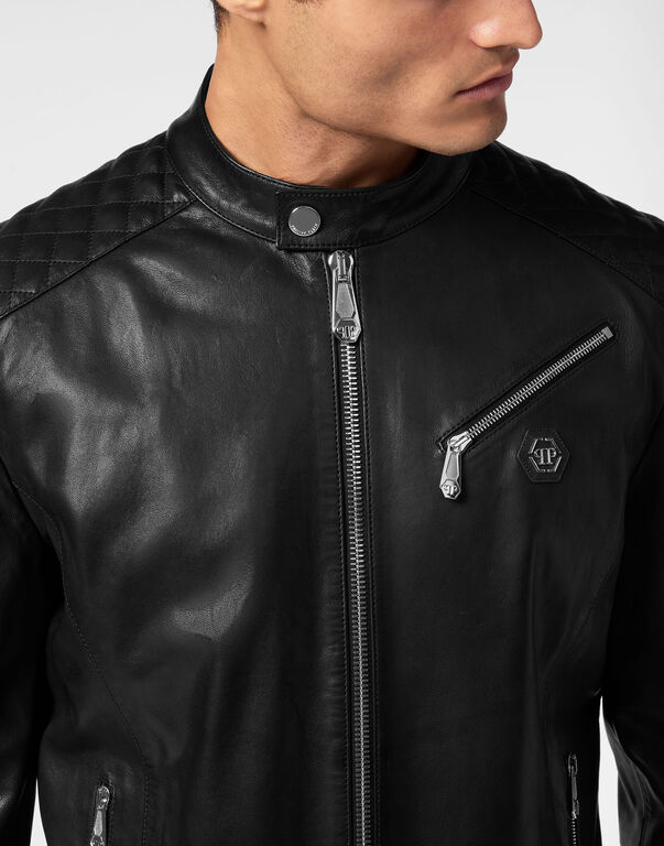 Padded Leather Moto Bomber