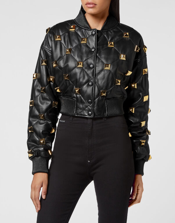 Leather Bomber Cropped Matelassè Studs