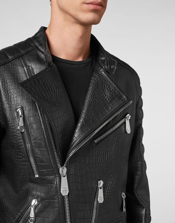 Leather Biker Jacket Cocco Print Iconic Plein