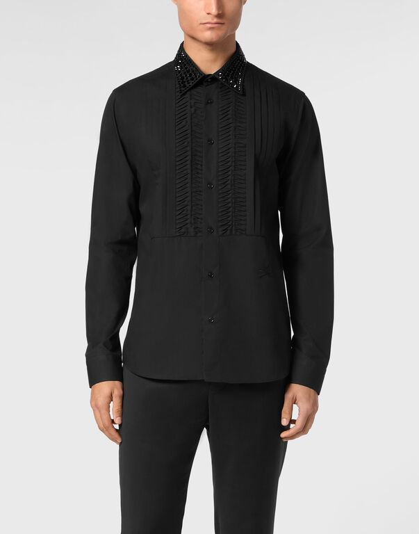 Black Tie Shirt LS Strass Skull&Bones
