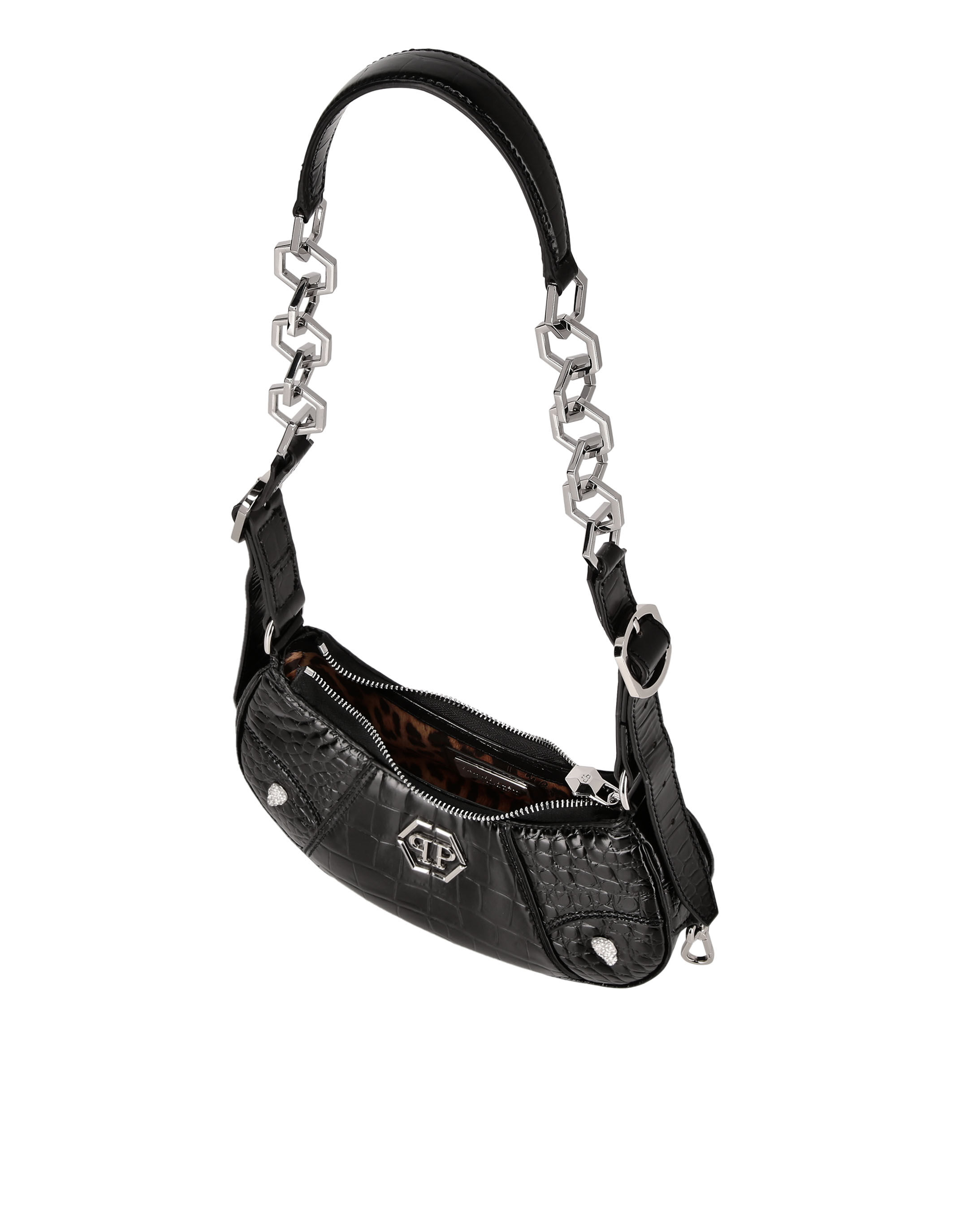PHILIPP PLEIN Croco Print Leather Shoulder Bag ECLIPSE Black