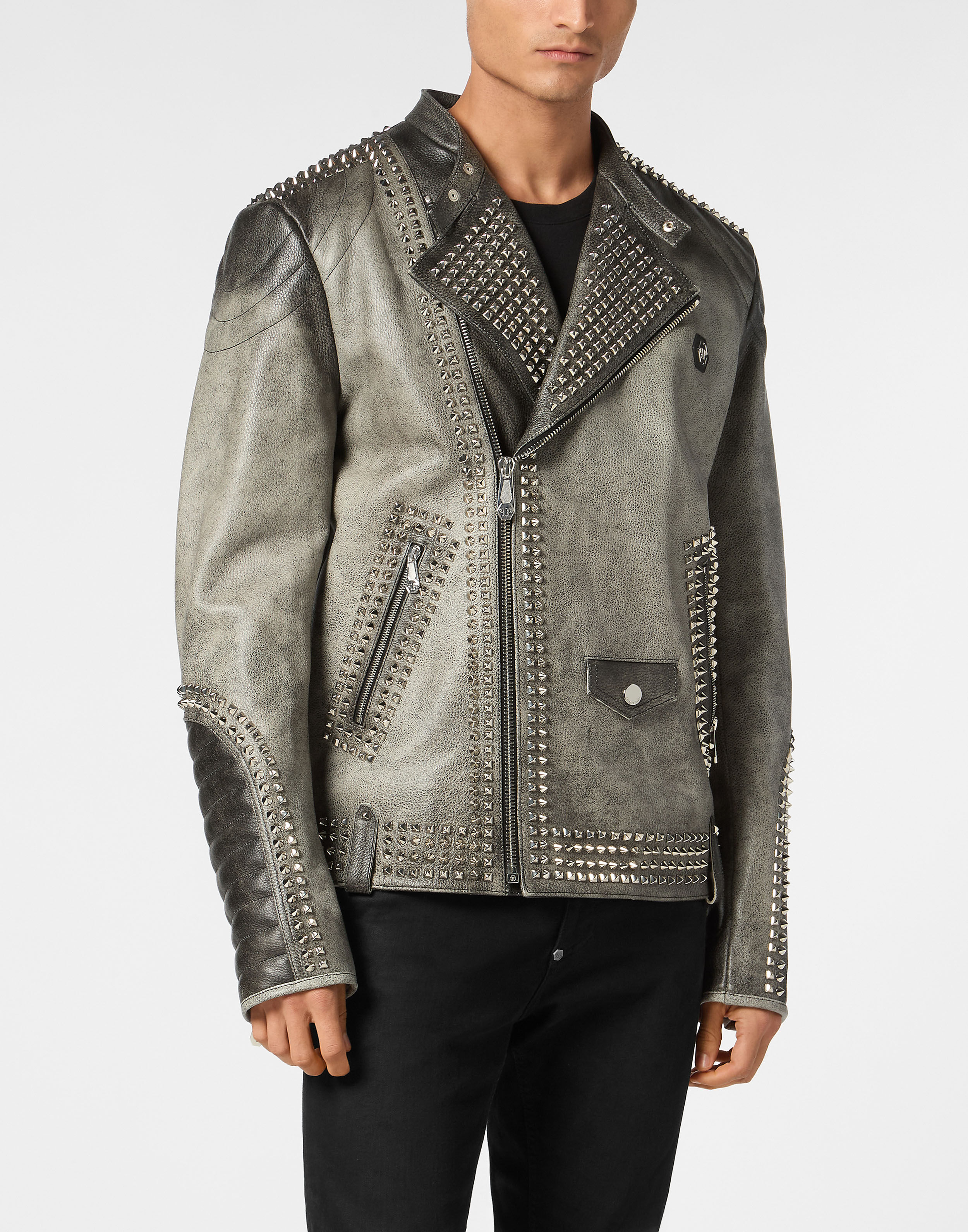 Leather Biker Jacket With Patch Studs Philipp Plein