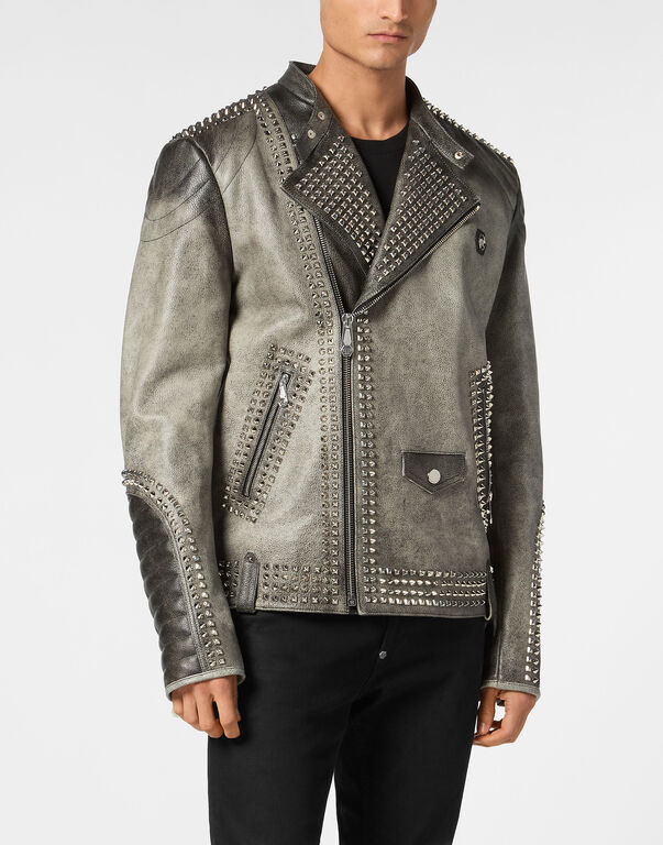 Leather Biker Jacket With Patch Studs