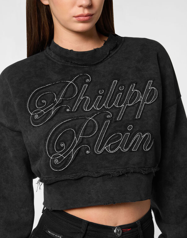 Cropped Round Neck Sweatshirt Patch Signature