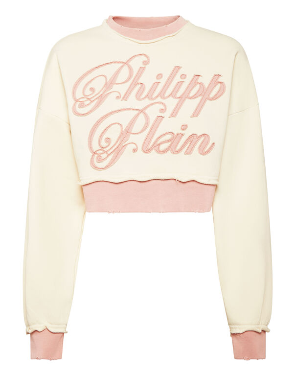 Cropped Round Neck Sweatshirt Patch Signature
