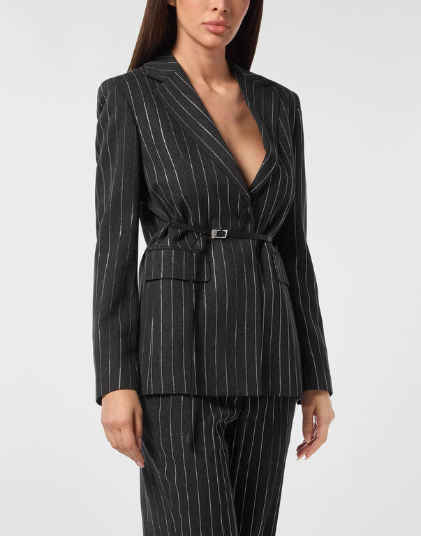 Pinstriped Belted Blazer