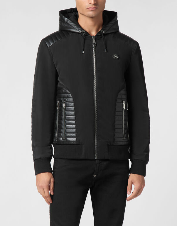 Nylon Hooded Jacket LS With Leather Inserts