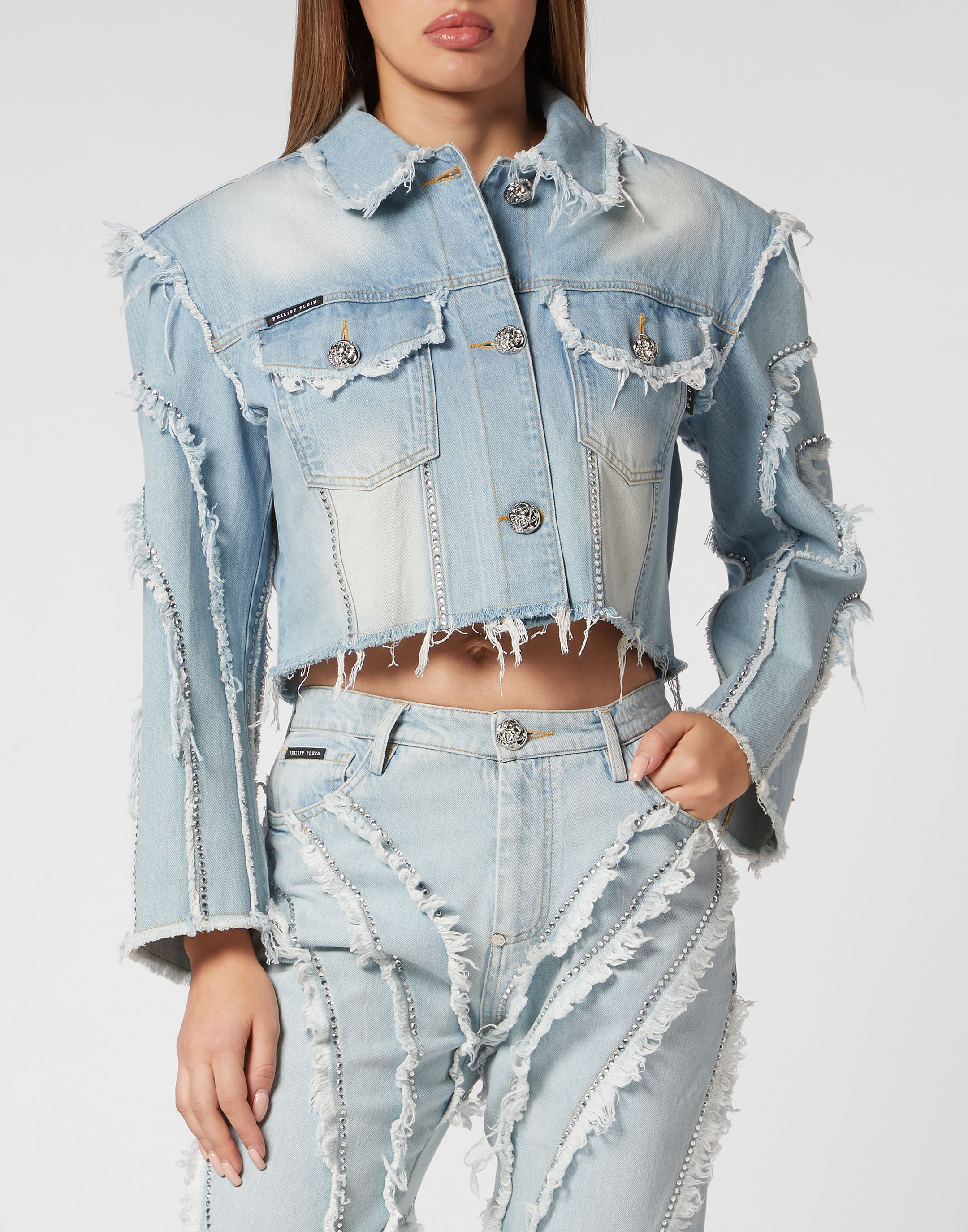 Cropped Oversize Padded Shoulder Denim Jacket Philipp Plein