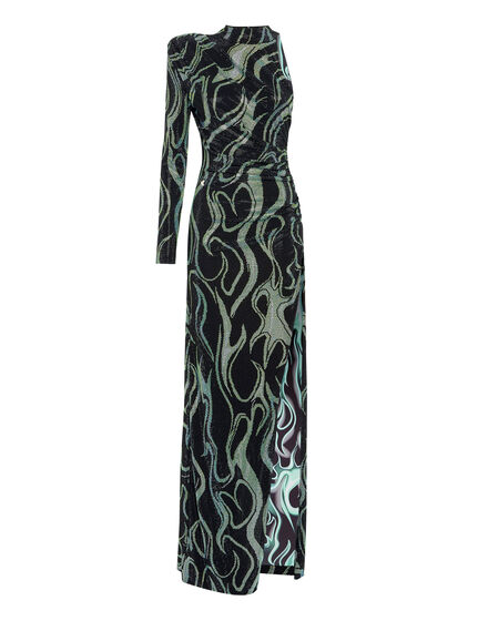 Jersey Strass Long Dress Mono Sleeve Flame