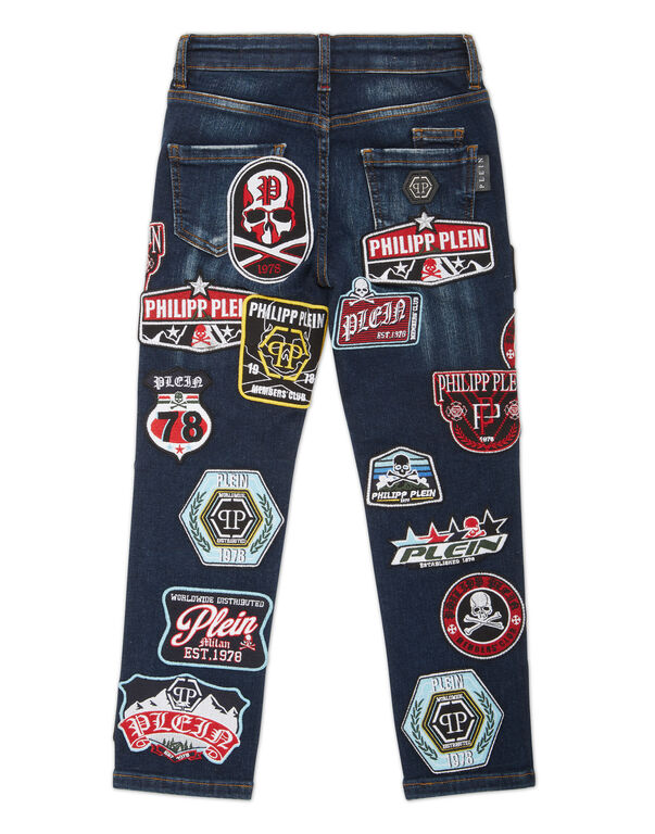 Denim Super Straight Cut Fit Trousers Viintage Effect Patches