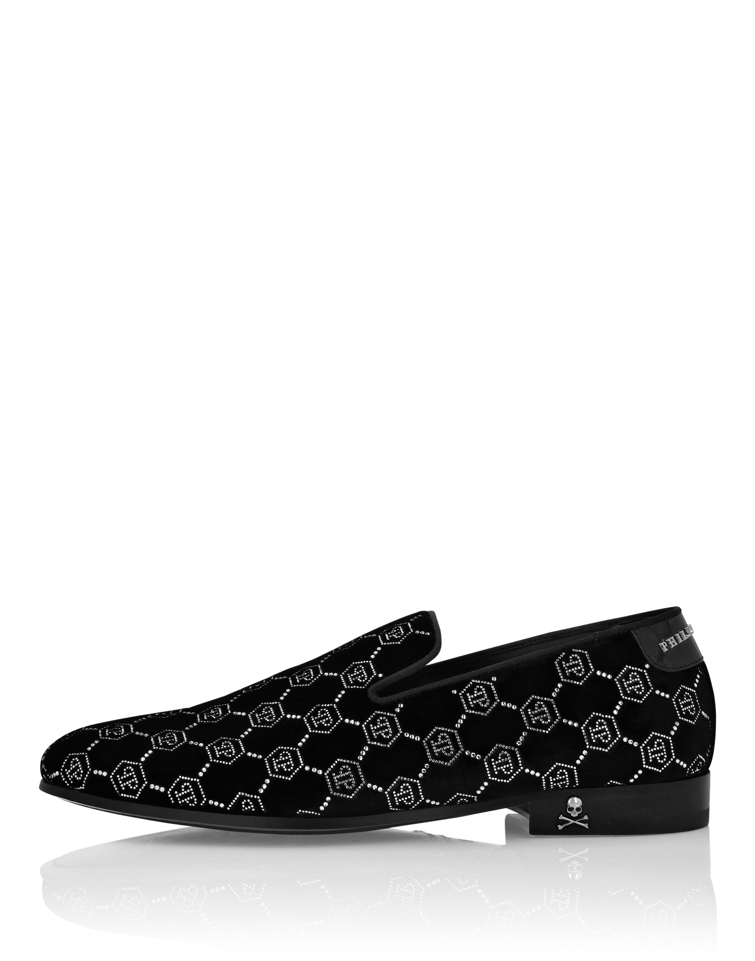 PHILIPP PLEIN Velvet Loafers Strass Monogram Black crystal