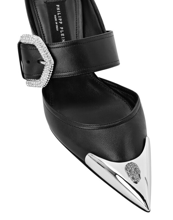 Leather Mule Low Heels Skull strass