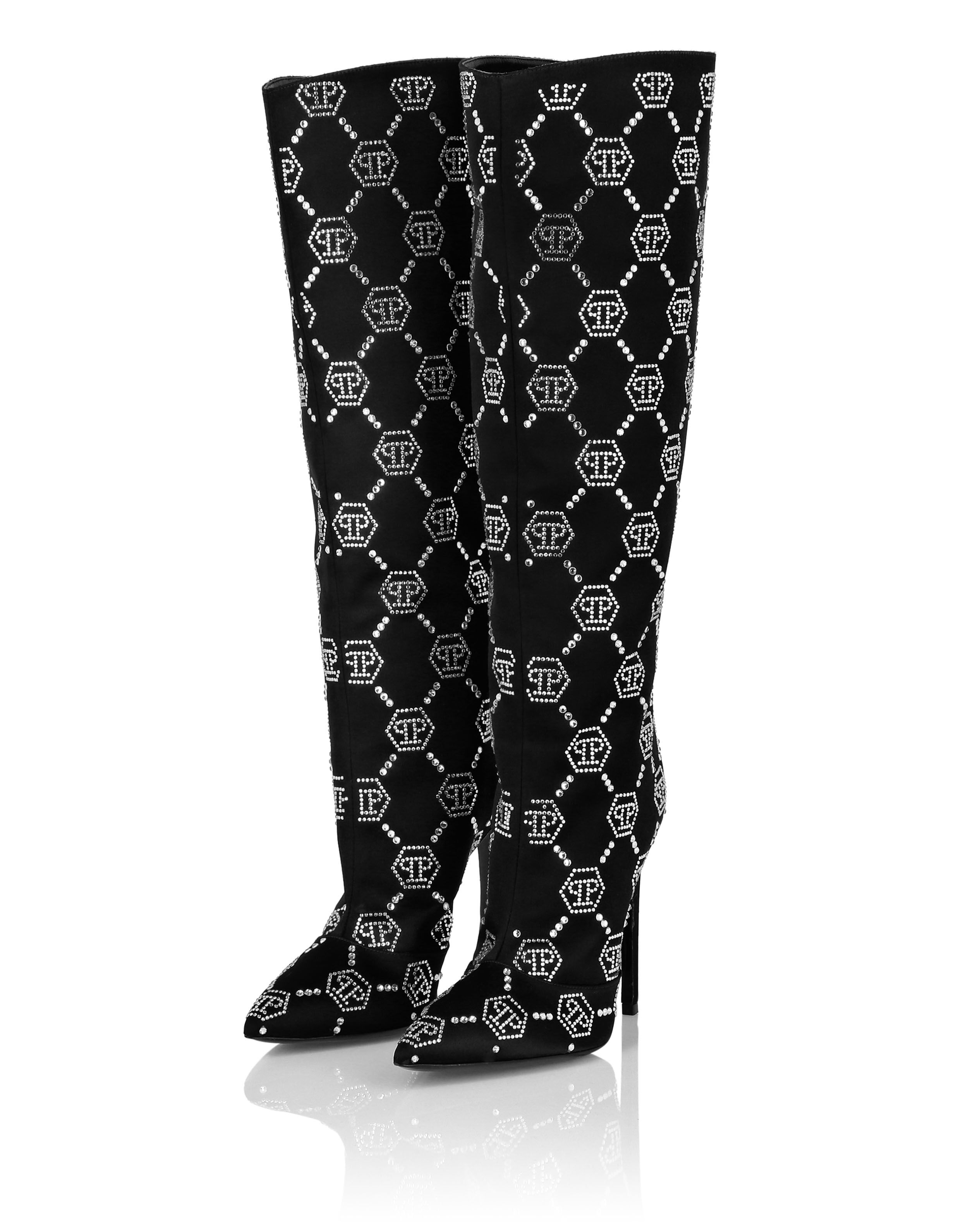 Satin Boots High Heels Mid Strass Monogram Philipp Plein