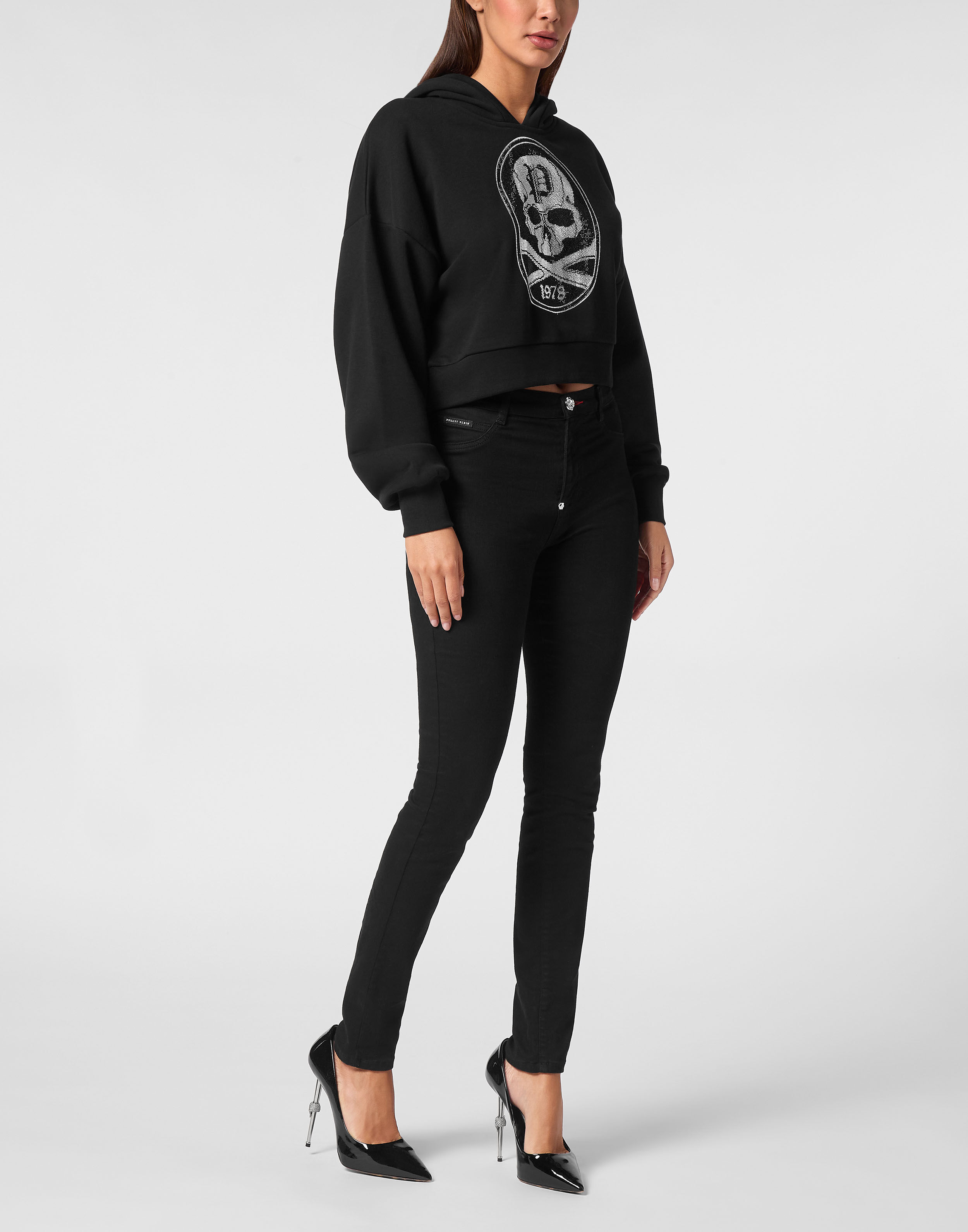 Cropped Hoodie Sweatshirt Strass Skull&Bones | Philipp Plein