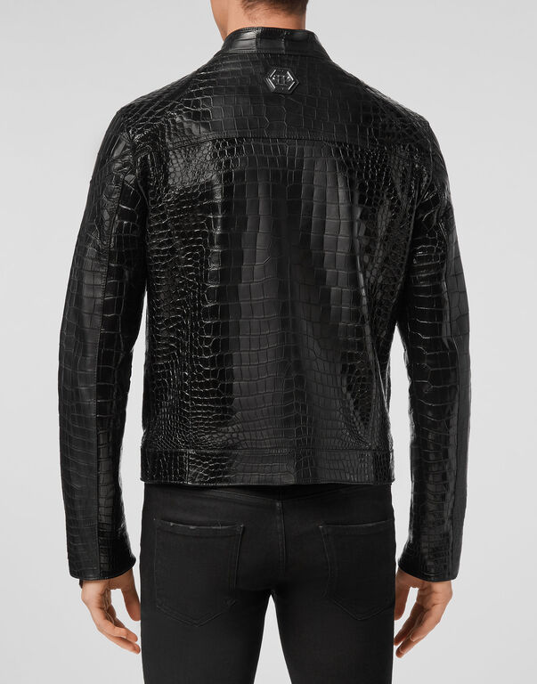 Hand Made Alligator Textured Genuine Leather Jacket for Men 