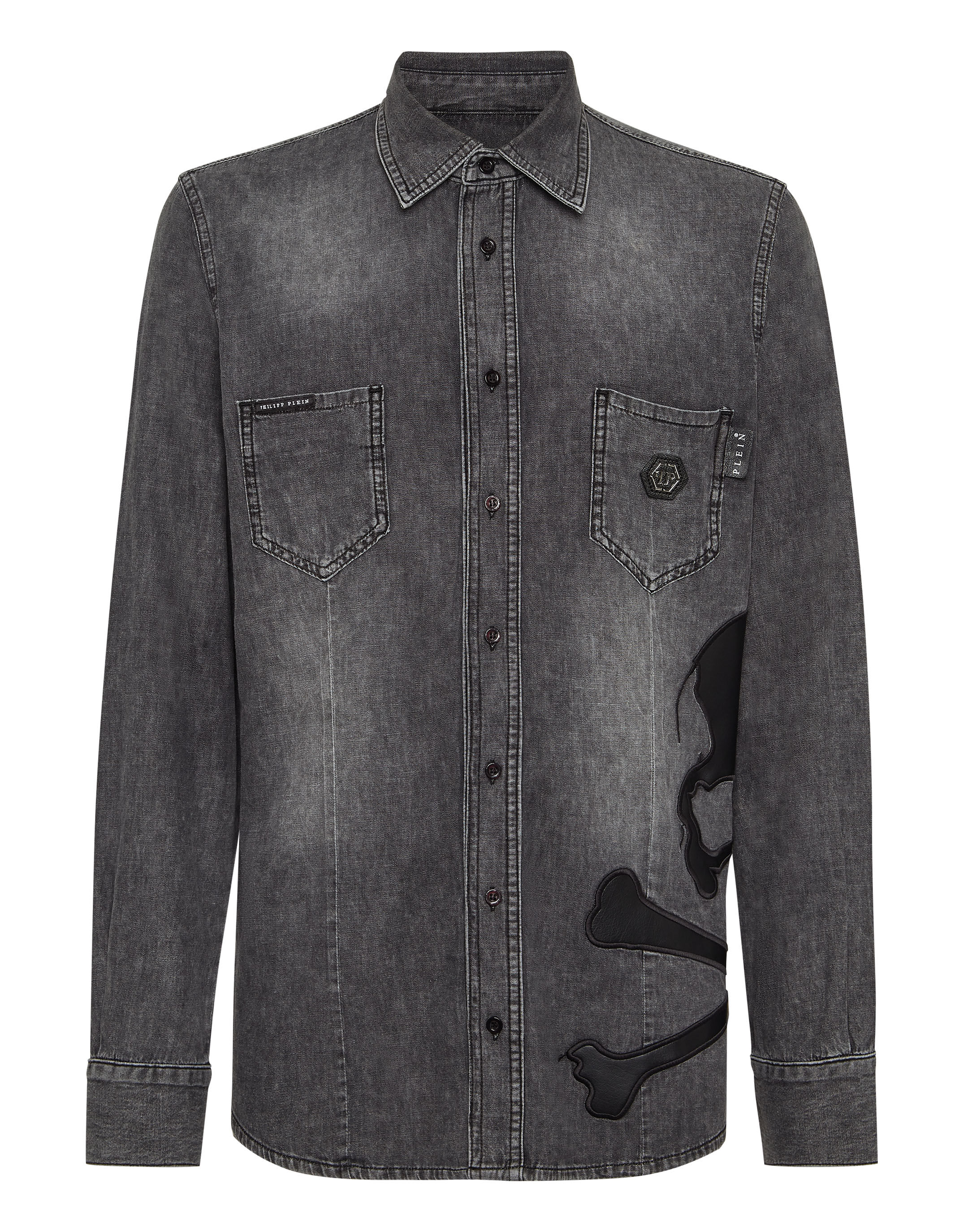 Denim Shirt WIth Vintage Washed Leather Patch Skull Philipp Plein