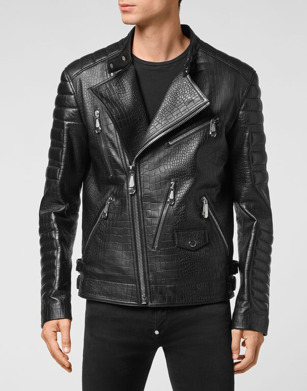 Leather Biker Jacket Cocco Print Iconic Plein