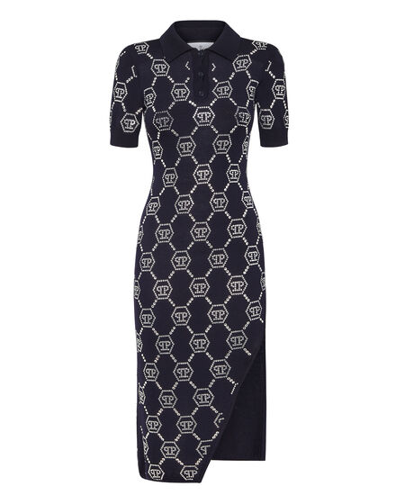 Knitted Strass Polo Dress With Padded Shoulders Monogram