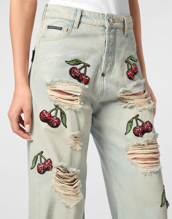 Denim Trousers Skater Fit Cherries Destroyed