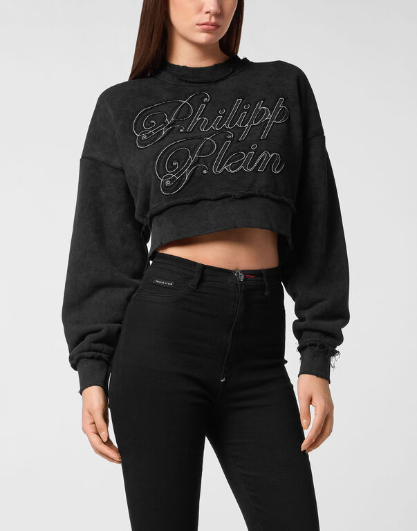 Cropped Round Neck Sweatshirt Patch Signature