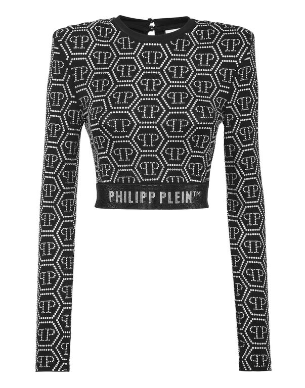 Padded Shoulder Cropped Top LS Monogram Strass | Philipp Plein