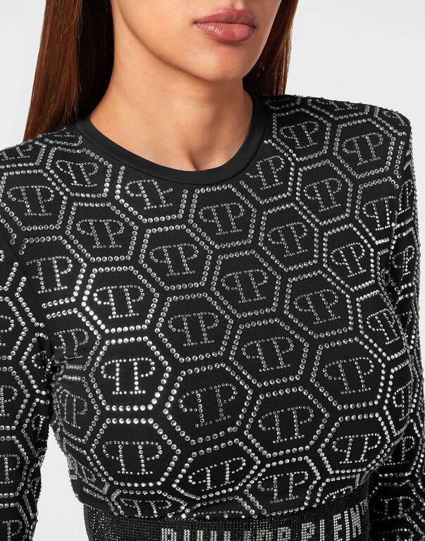 Padded Shoulder Cropped Top LS Monogram Strass