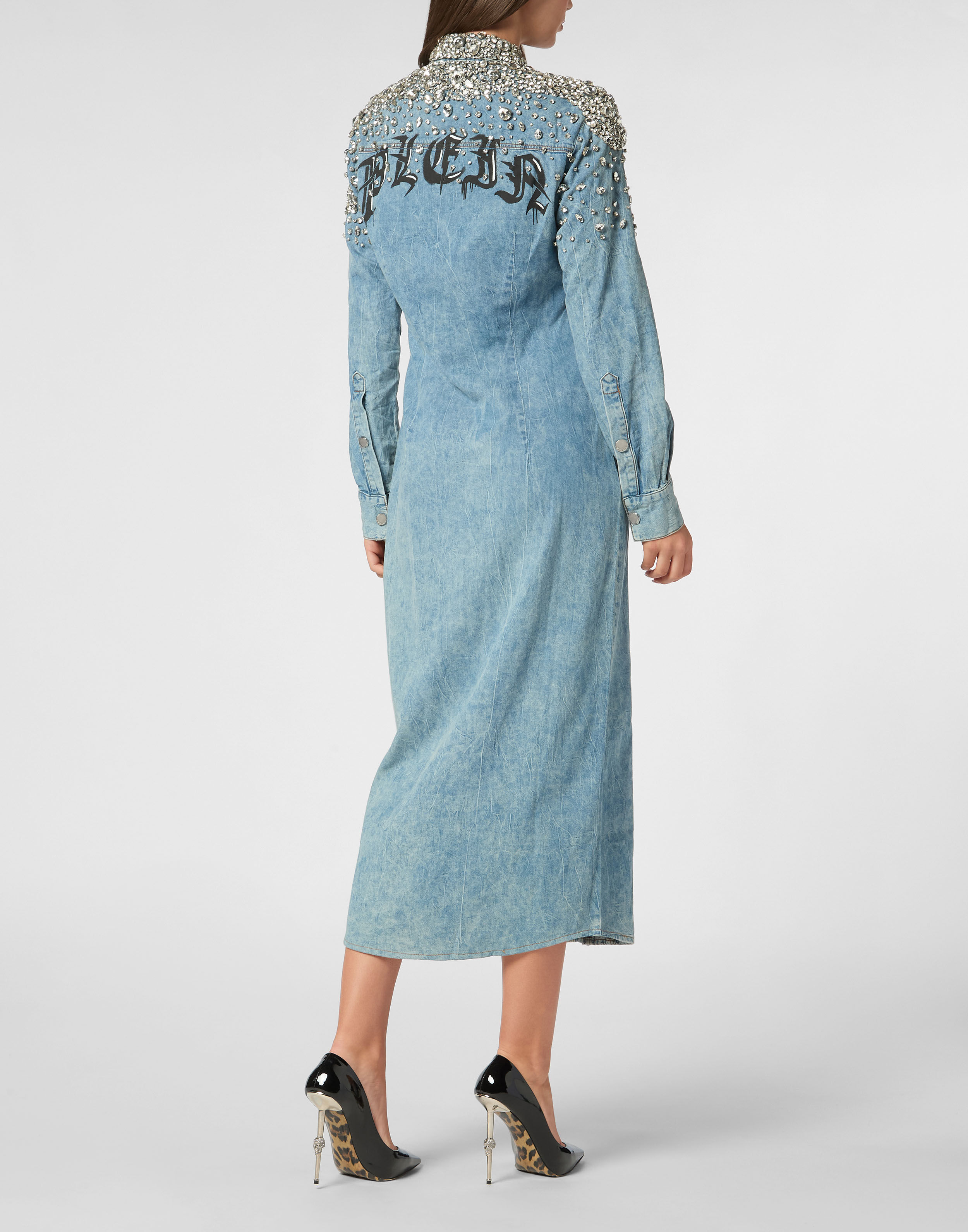 Crystal Denim Shirt Long Dress Philipp Plein