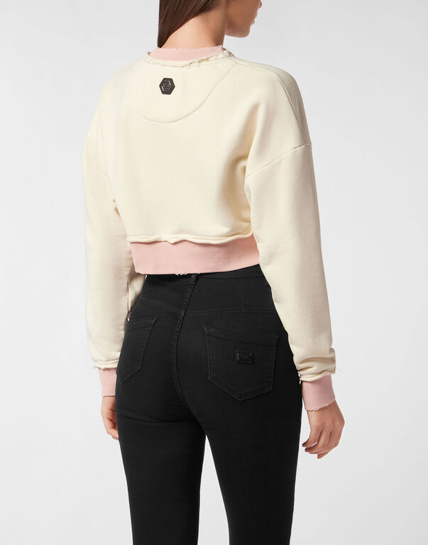 Cropped Round Neck Sweatshirt Patch Signature