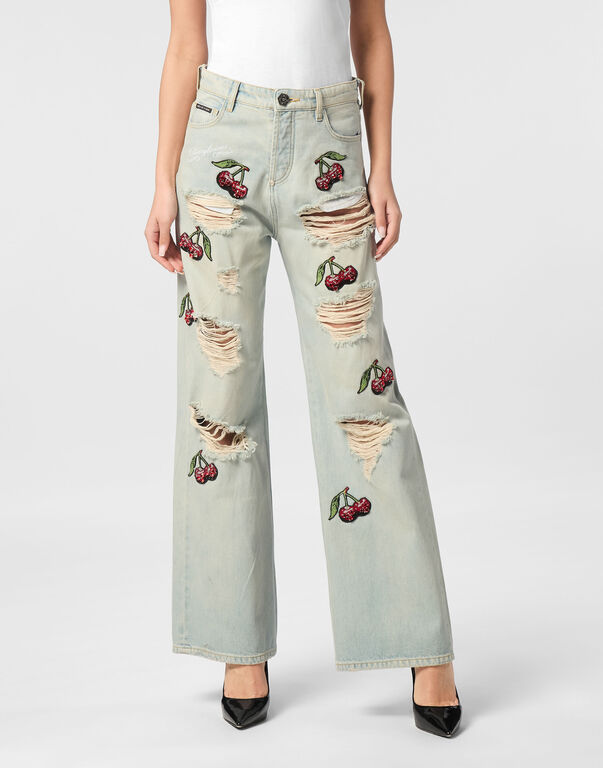 Denim Trousers Skater Fit Cherries Destroyed