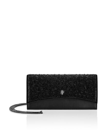 Suede Crystal Baguette Handle Bag Skull