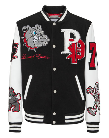 Woolen Cloth College Bomber with Leather Arms Bulldogs