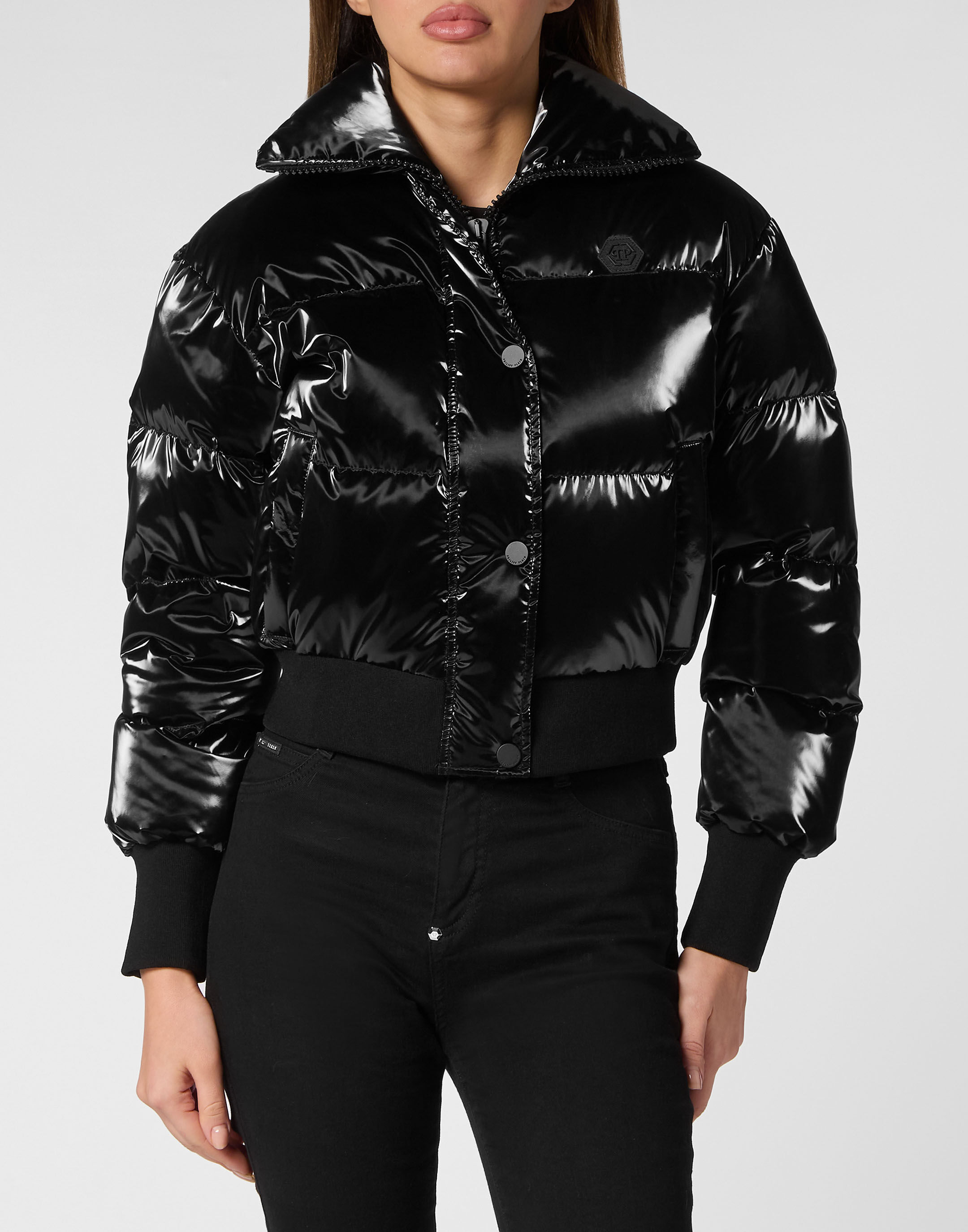 Nylon Cropped Down Jacket Smile Philipp Plein
