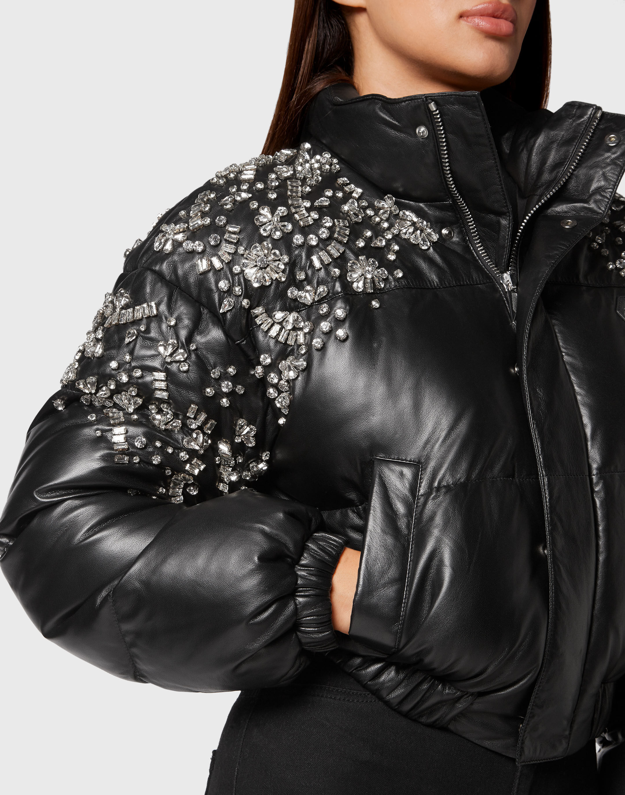 Leather Puffer Jacket Crystal Philipp Plein