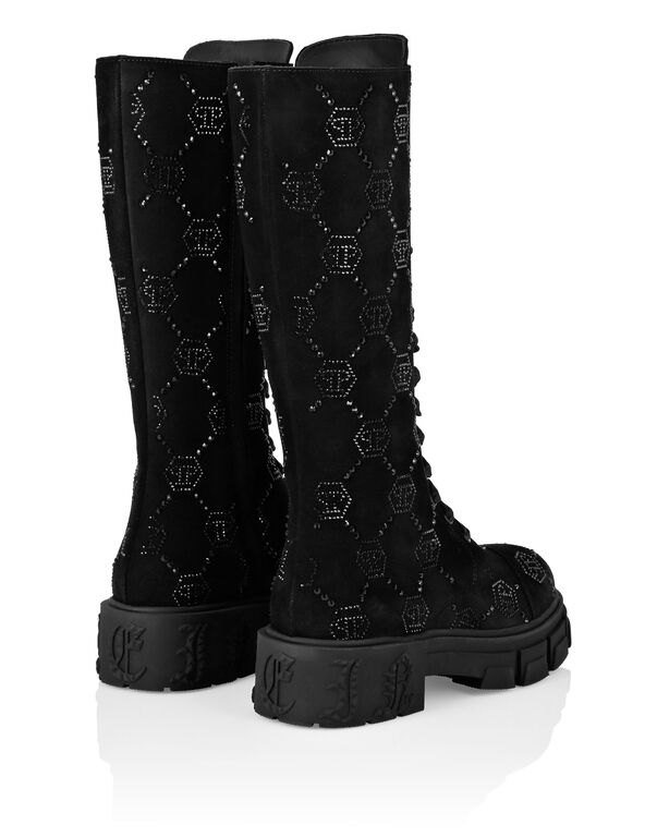 Suede Boots Flat High Strass Monogram
