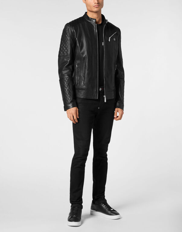 Padded Leather Moto Bomber