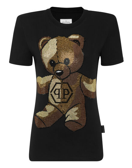 Padded Shoulder Sleeveless T-Shirt Sexy Pure Fit with Crystals Teddy Bear
