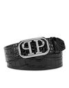 Leather Belt Crocco Print Shiny Skull