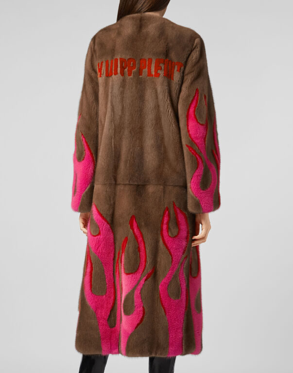 Hell Flames Intarsia Mink Fur Long Coat