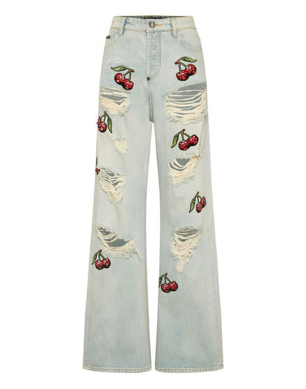 Denim Trousers Skater Fit Cherries Destroyed