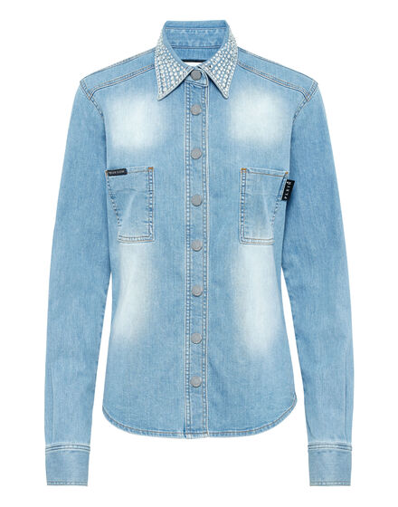 Denim Shirt Long-Sleeve With Crystal Collar