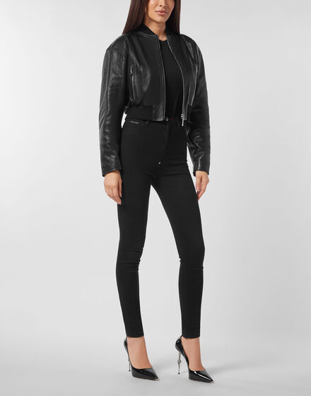 Cropped Leather Bomber Embossed Signature