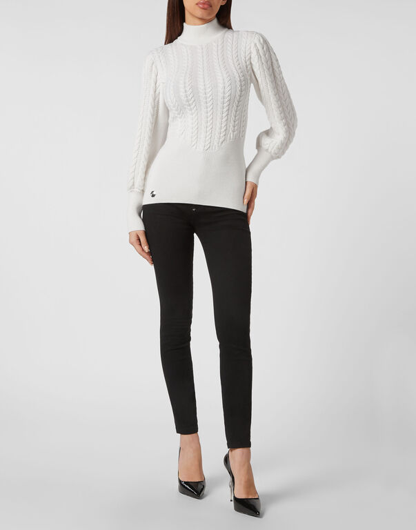Women's White Cable Sweater, Grey Wool Leggings, White High Top
