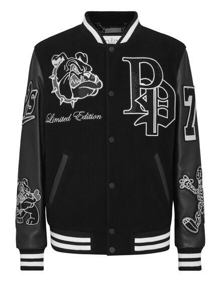 Woolen Cloth College Bomber with Leather Arms Bulldogs