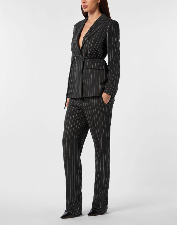 Pinstriped Belted Blazer