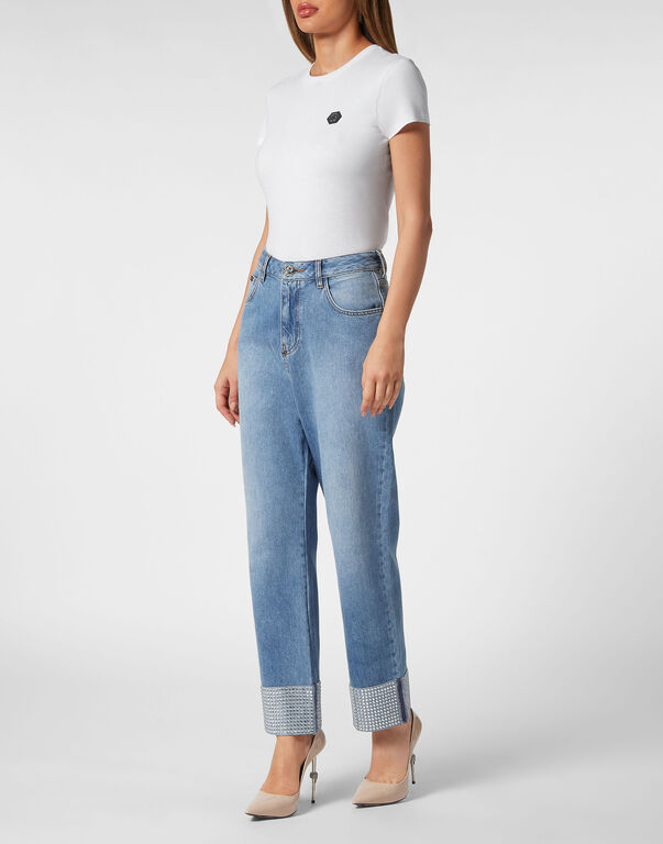 Denim Trousers Strass Loose Fit Heart