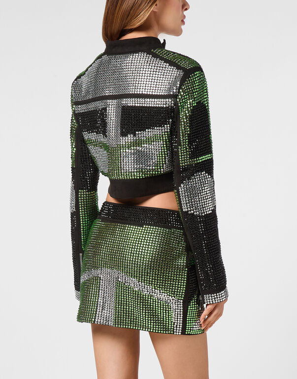 Cropped Leather Biker Jacket Strass