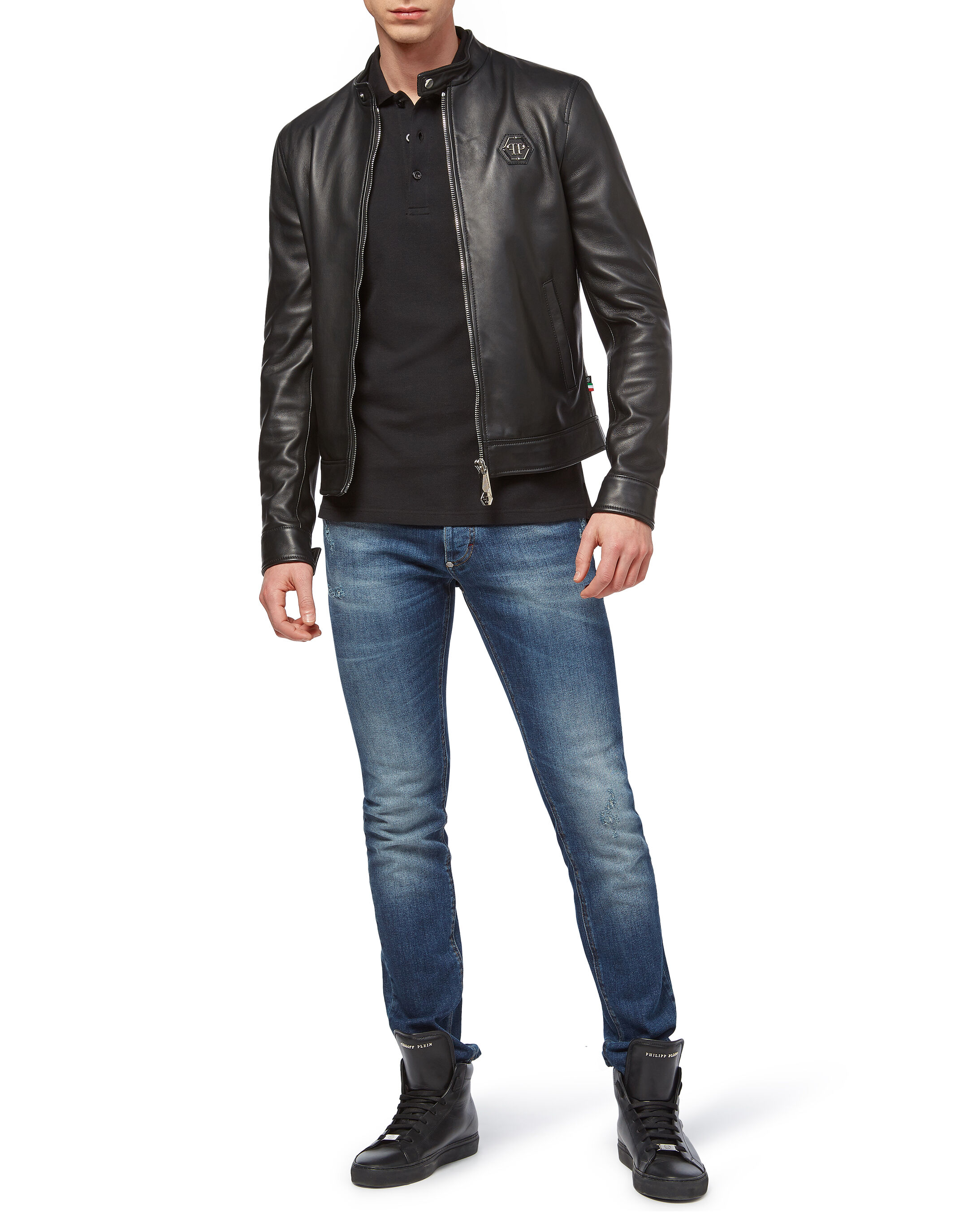 leather jacket with polo shirt