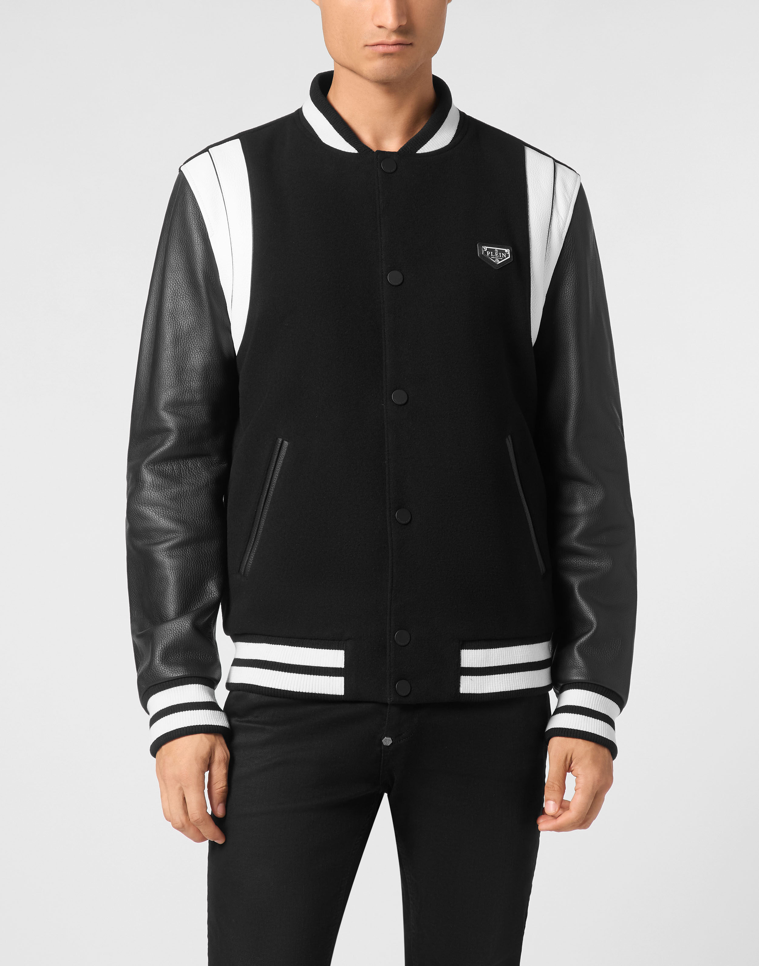 Bomber Jacket Leather Sleeves College Philipp Plein