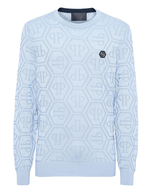 Jacquard Silk Wool Pullover Round Neck LS Monogram